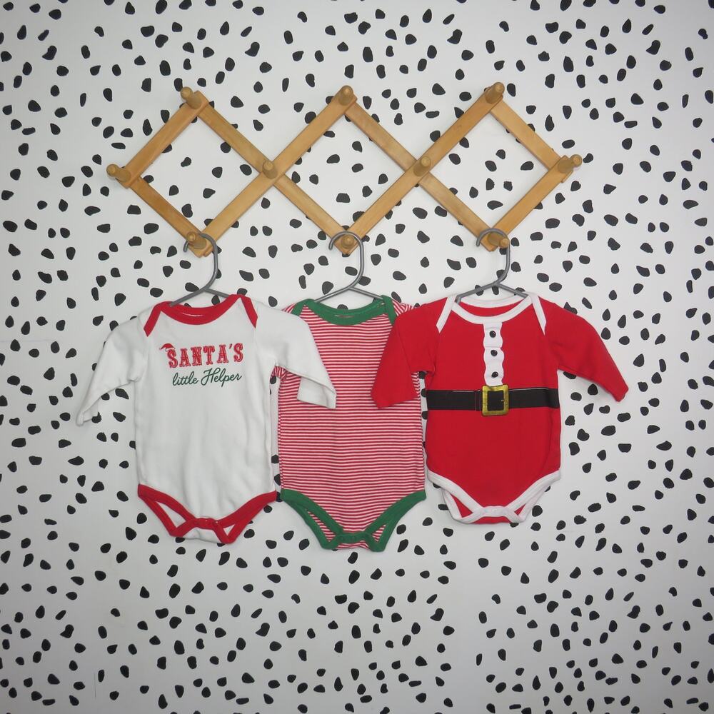 Little Treasure Holiday Santa’s Helper, Stripes and Santa Suit Baby Onesies Set